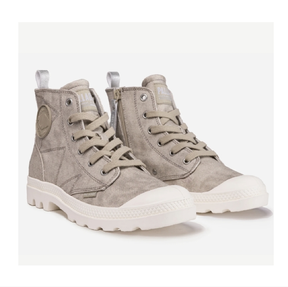 Palladium Women's Taupe Canvas Combat Boots with White Soles